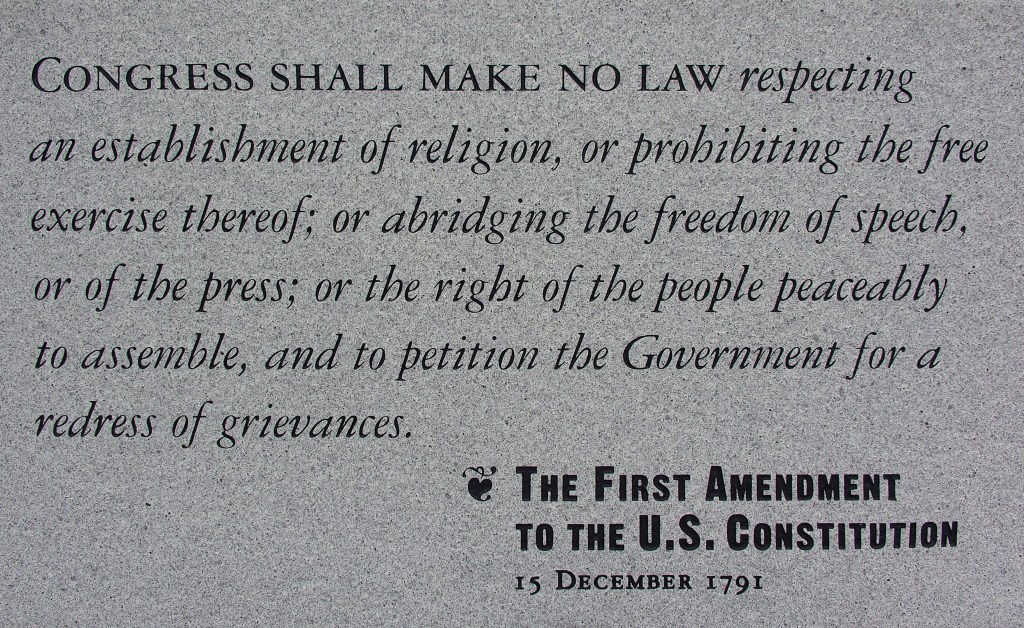 A photograph of a tone plaque engraved with the First Amendment to the United States Constitution